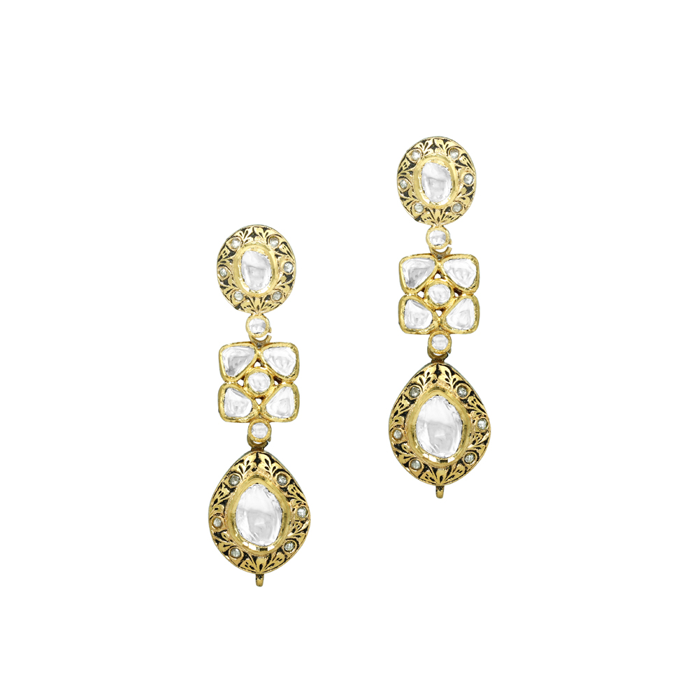 Polki Earrings with Teardrop Design in Partash work